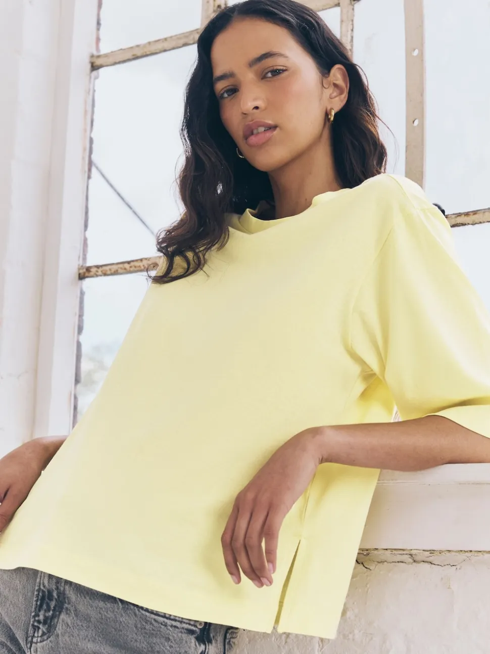 Blue/Lemon Yellow/Neutral Elbow Length Crew Neck 100% Cotton T-Shirts 3 Pack