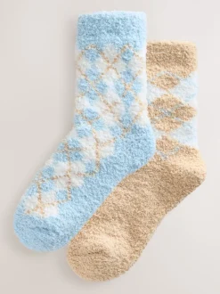 Blue/Neutral Argyle Cosy Ankle Socks 2 Pack