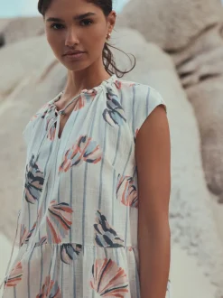 Blue/Pink Shell Print V-Neck Tiered Mini Dress with Linen