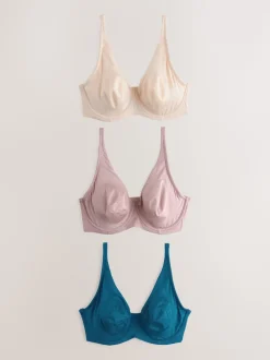 Blue/Pink/Cream Non Pad Full Cup DD+ Microfibre Smoothing Ultimate Comfort T-Shirt Bras 3 Pack