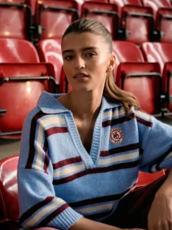 Blue/Red Stripe Open Collar Polo Half Sleeve Jumper With Wool