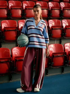 Blue/Red Stripe Open Collar Polo Half Sleeve Jumper With Wool