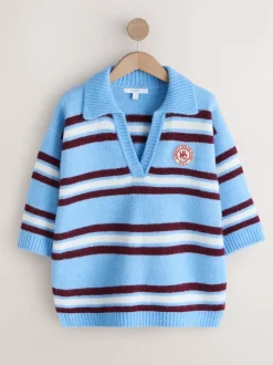 Blue/Red Stripe Open Collar Polo Half Sleeve Jumper With Wool