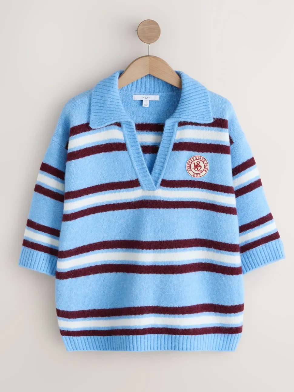 Blue/Red Stripe Open Collar Polo Half Sleeve Jumper With Wool