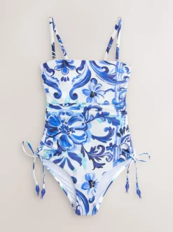 Blue/White Floral Bandeau Ruched Leg Tummy Control Shaping Swimsuit