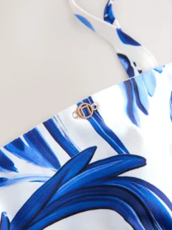 Blue/White Floral Bandeau Ruched Leg Tummy Control Shaping Swimsuit