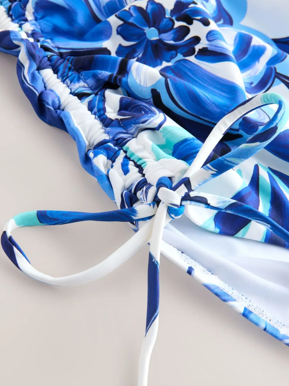 Blue/White Floral Bandeau Ruched Leg Tummy Control Shaping Swimsuit