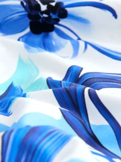 Blue/White Floral Bandeau Ruched Leg Tummy Control Shaping Swimsuit