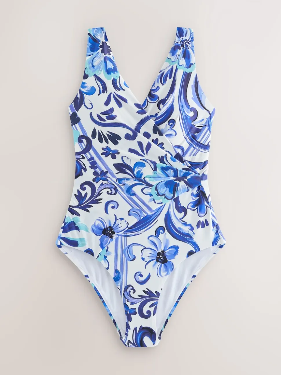 Blue/White Floral Wrap Tummy Control Swimsuit