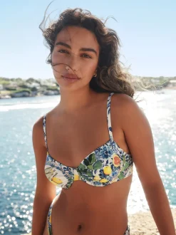 Blue/White Sardine Print Non Padded Wired Bikini Top