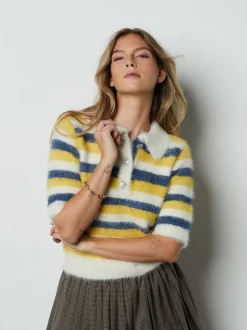 Blue/Yellow Stripe Gem Button Short Sleeve Knitted Polo Jumper