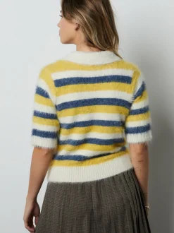Blue/Yellow Stripe Gem Button Short Sleeve Knitted Polo Jumper