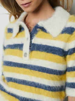 Blue/Yellow Stripe Gem Button Short Sleeve Knitted Polo Jumper