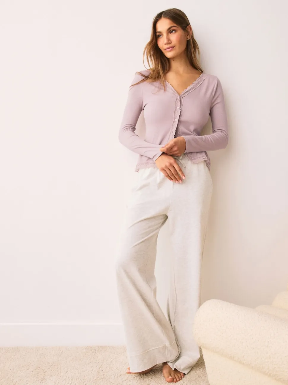 Blush Pink Thermal Base Layer Lace Trim Cardigan