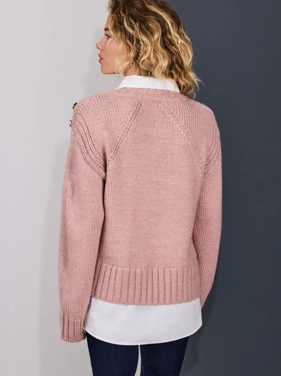 Blush Pink V-Neck Knitted Shirt Layer Look Jumper