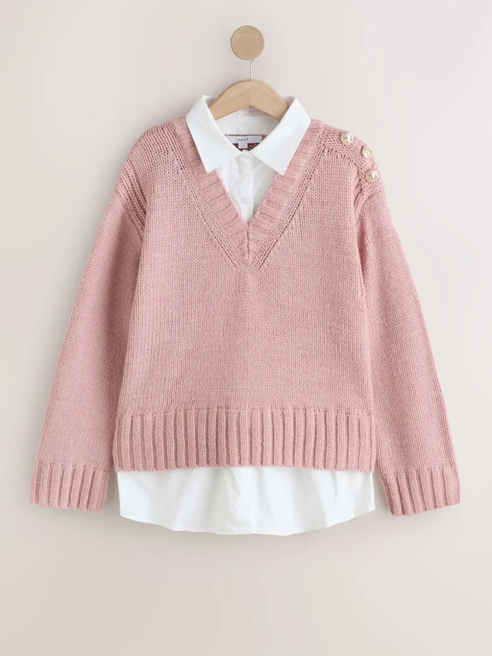 Blush Pink V-Neck Knitted Shirt Layer Look Jumper