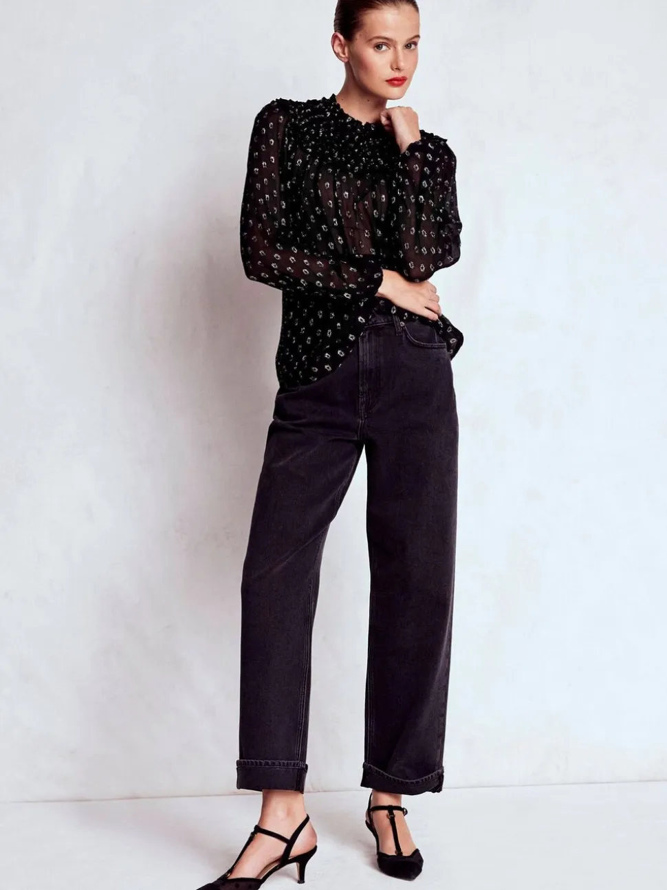 Boden Black Metallic Ruffle Collar Top