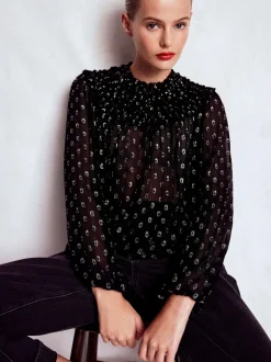 Boden Black Metallic Ruffle Collar Top