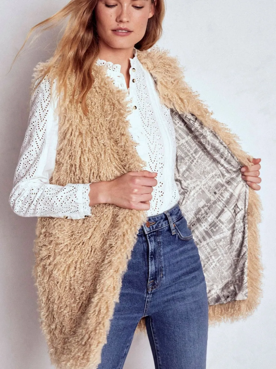 Boden Cream Faux Fur Long Gilet