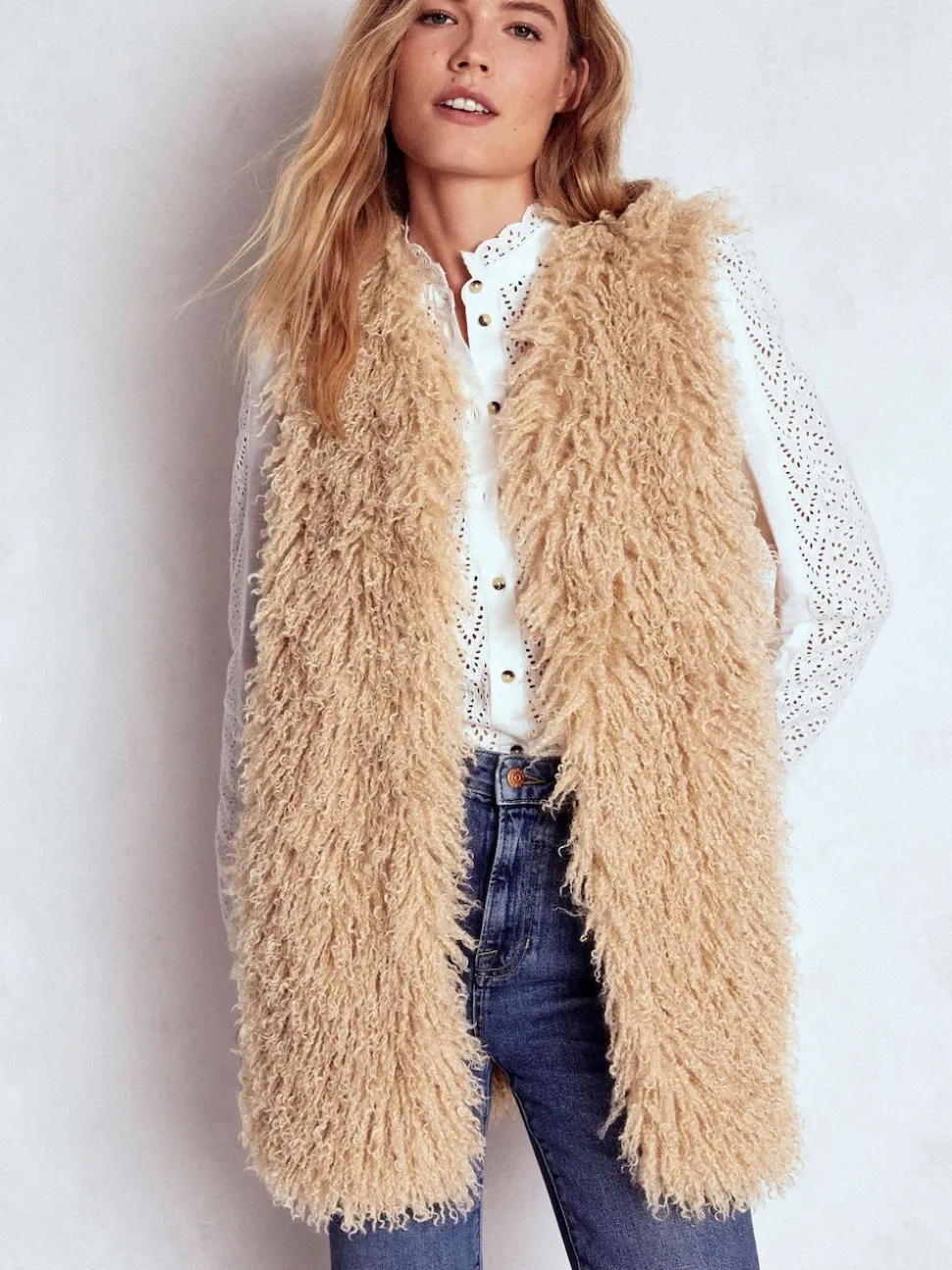 Boden Cream Faux Fur Long Gilet