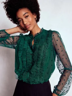 Boden Green Frilled Tulle Blouse