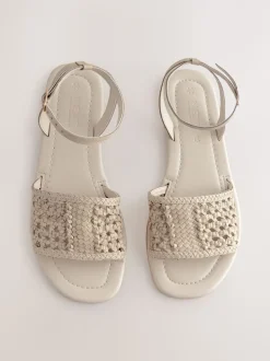 Bone White Leather Standard/Wide Fit Woven Flat Sandals