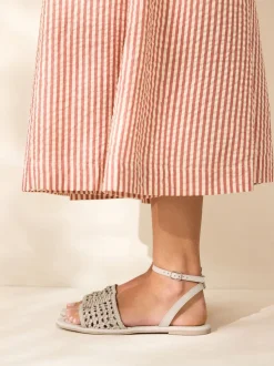 Bone White Leather Standard/Wide Fit Woven Flat Sandals