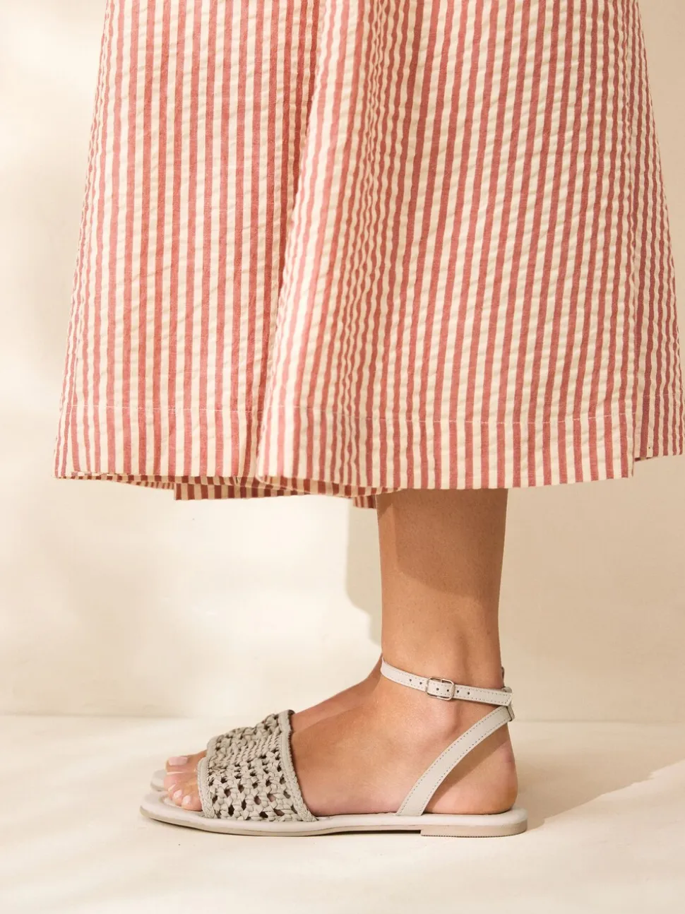 Bone White Leather Standard/Wide Fit Woven Flat Sandals