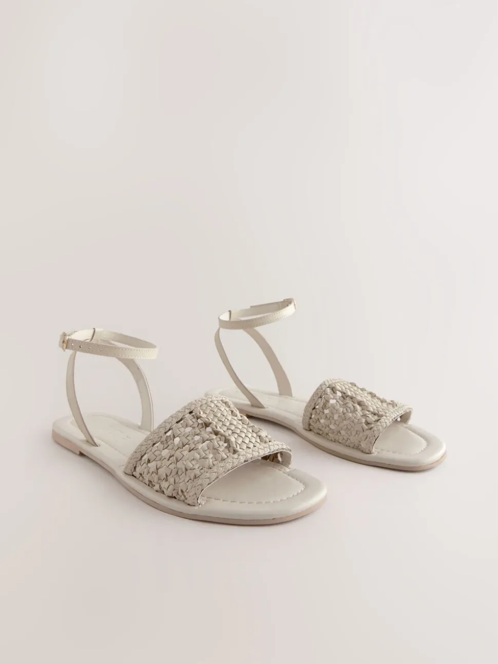 Bone White Leather Standard/Wide Fit Woven Flat Sandals