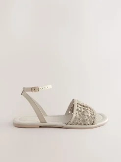 Bone White Leather Standard/Wide Fit Woven Flat Sandals