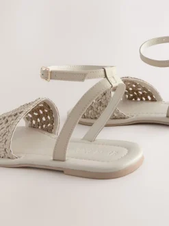 Bone White Leather Standard/Wide Fit Woven Flat Sandals