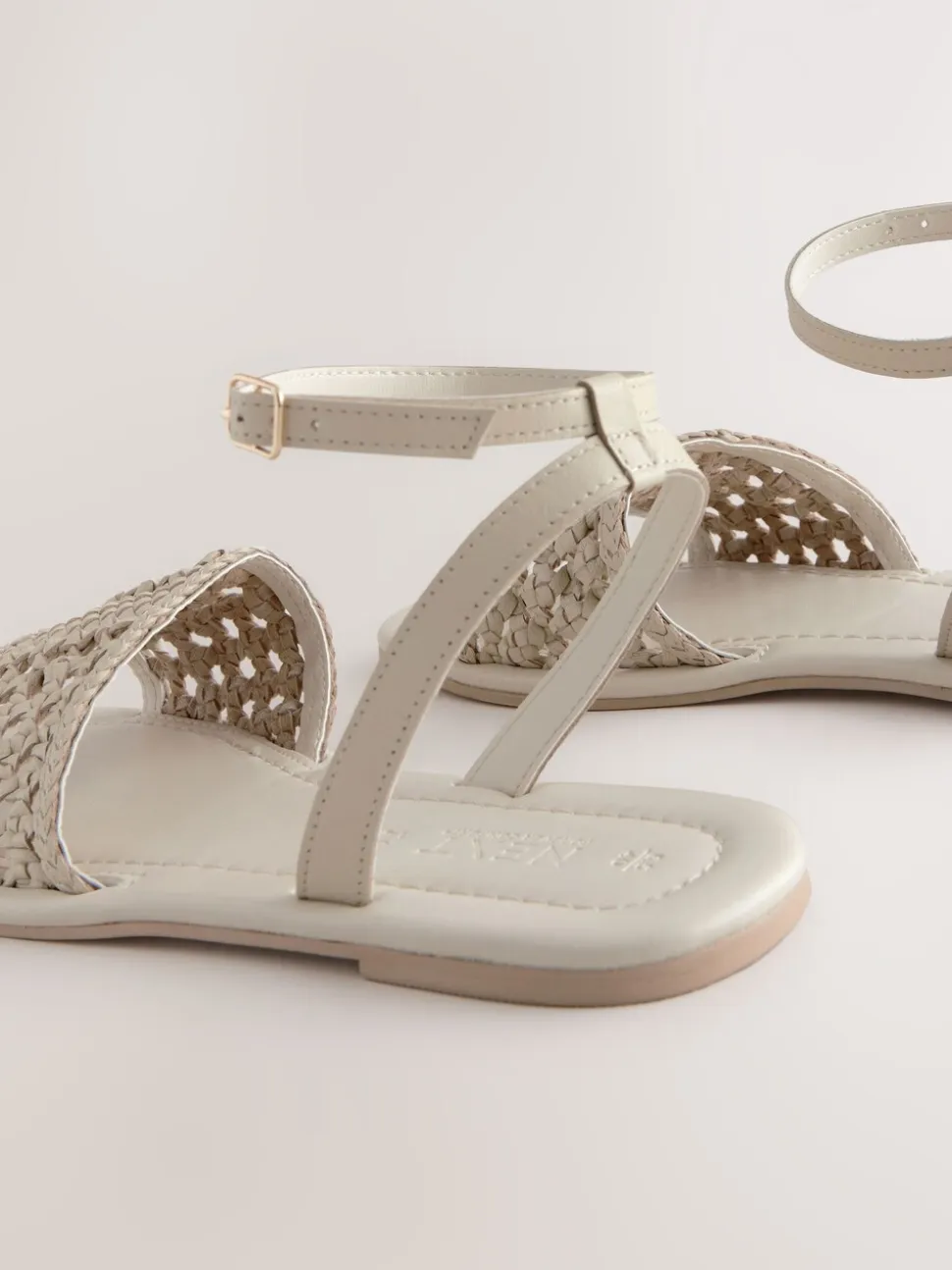 Bone White Leather Standard/Wide Fit Woven Flat Sandals