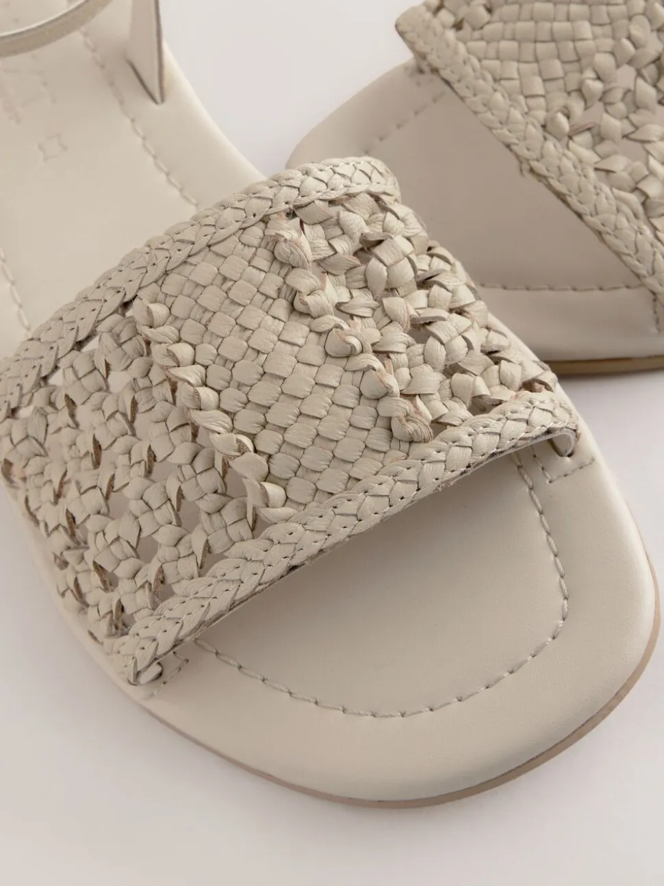 Bone White Leather Standard/Wide Fit Woven Flat Sandals
