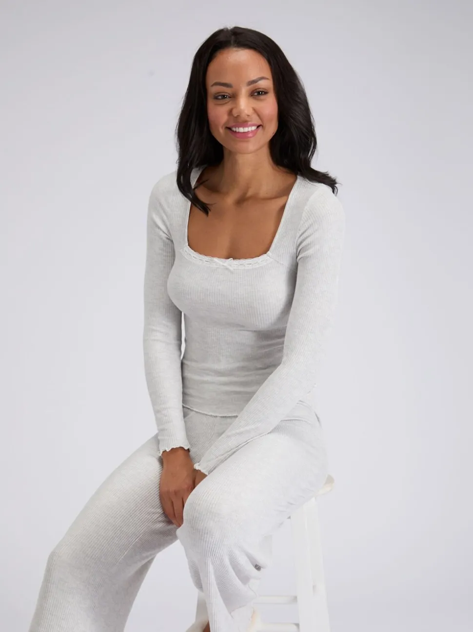 Boux Avenue Grey Lace Trim Rib Pyjamas Set