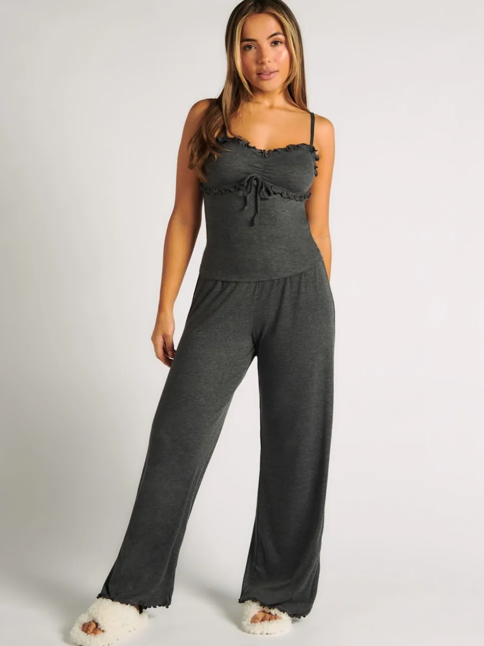 Boux Avenue Grey Rib Frill Cami & Pant Pyjama Set