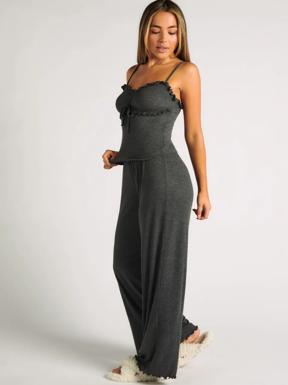 Boux Avenue Grey Rib Frill Cami & Pant Pyjama Set