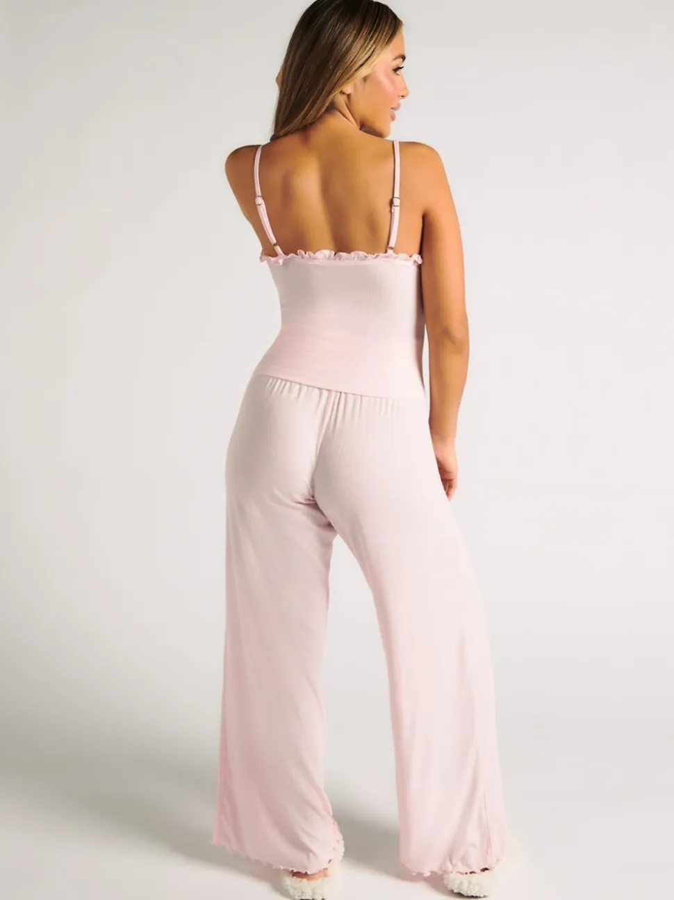 Boux Avenue Pink Rib Frill Cami & Pant Pyjama Set