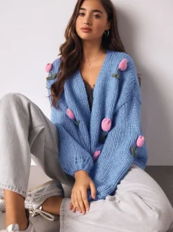 Bright Blue 3D Tulip Soft Touch Chunky Knit Cardigan