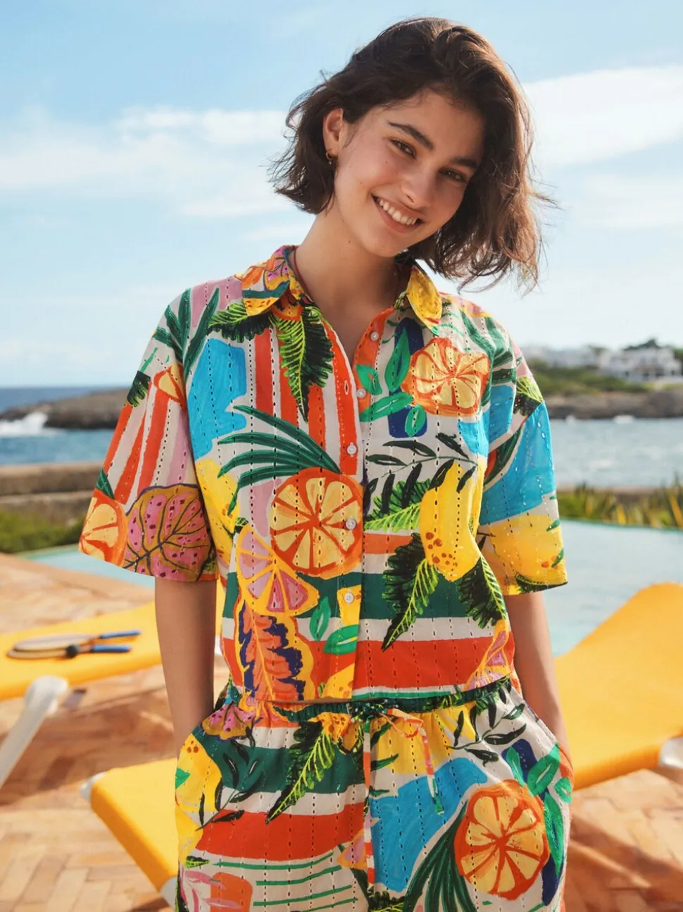 Bright Fruit Stripe Broderie Summer Shorts