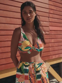 Bright Fruit Stripe DD+ Knot Front Plunge Bikini Top