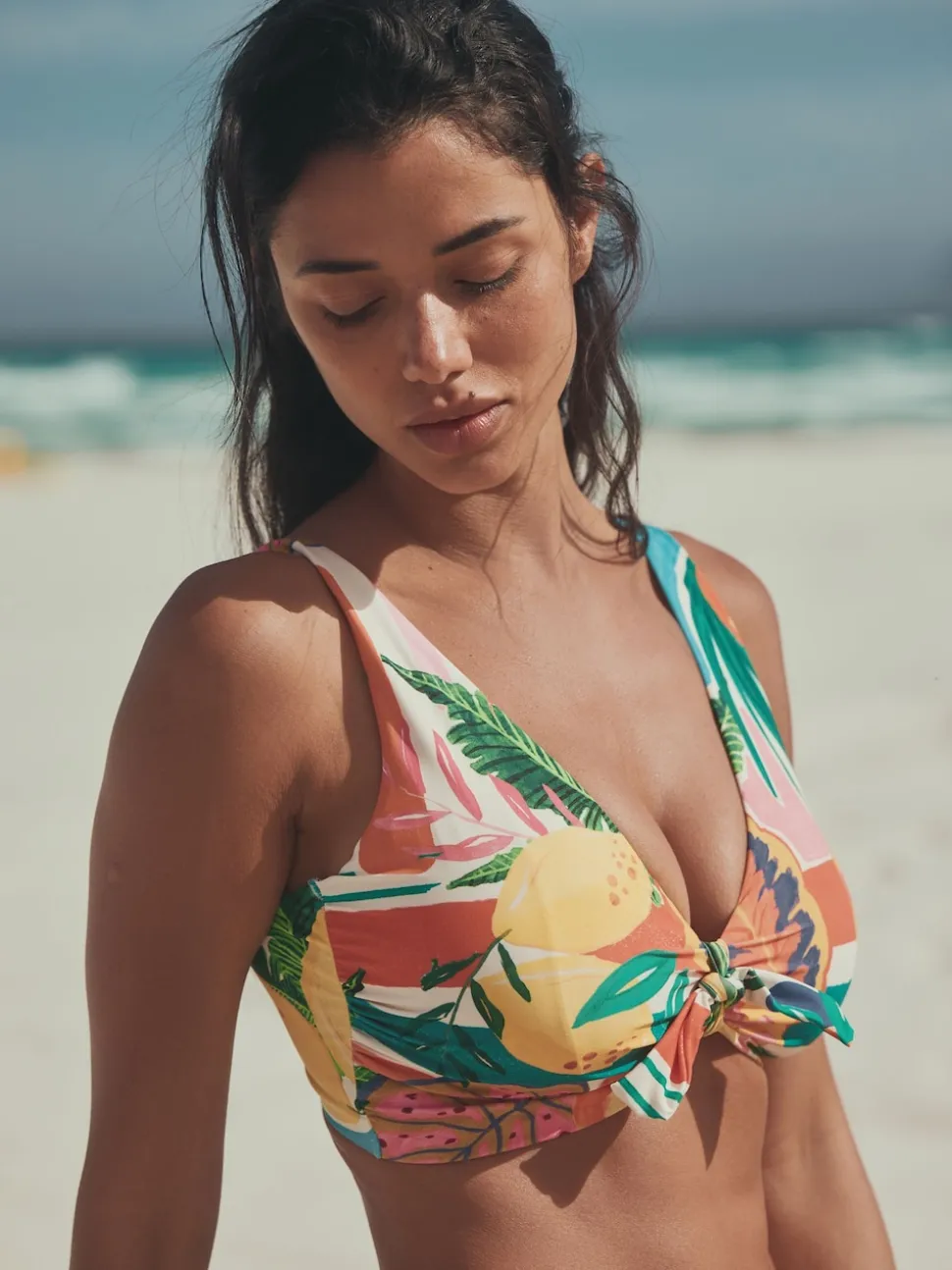 Bright Fruit Stripe DD+ Knot Front Plunge Bikini Top