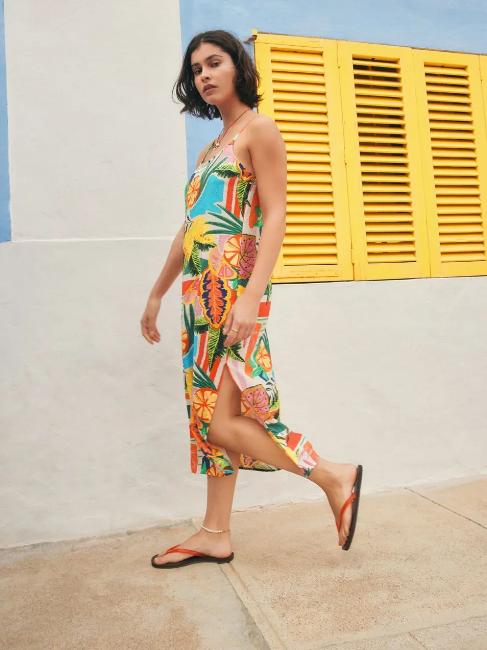 Bright Fruit Stripe Midi Slip Summer Dress