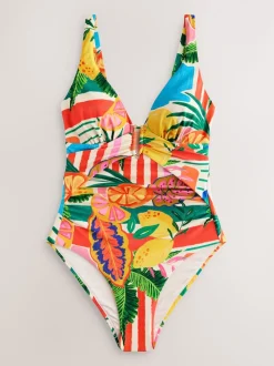 Bright Fruit Stripe Utrim Tummy Control Plunge Swimsuit