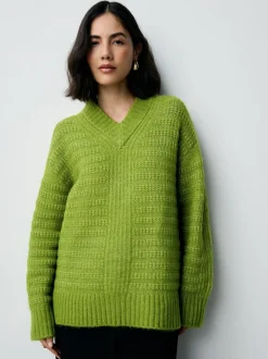 Bright Green Ribbed Longline V-Neck Jumper With Wool