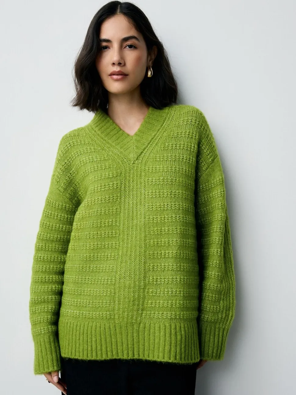 Bright Green Ribbed Longline V-Neck Jumper With Wool