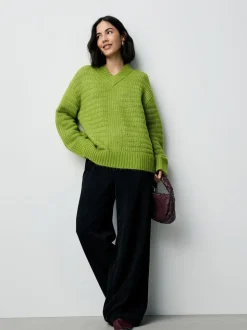 Bright Green Ribbed Longline V-Neck Jumper With Wool