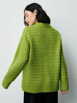 Bright Green Ribbed Longline V-Neck Jumper With Wool