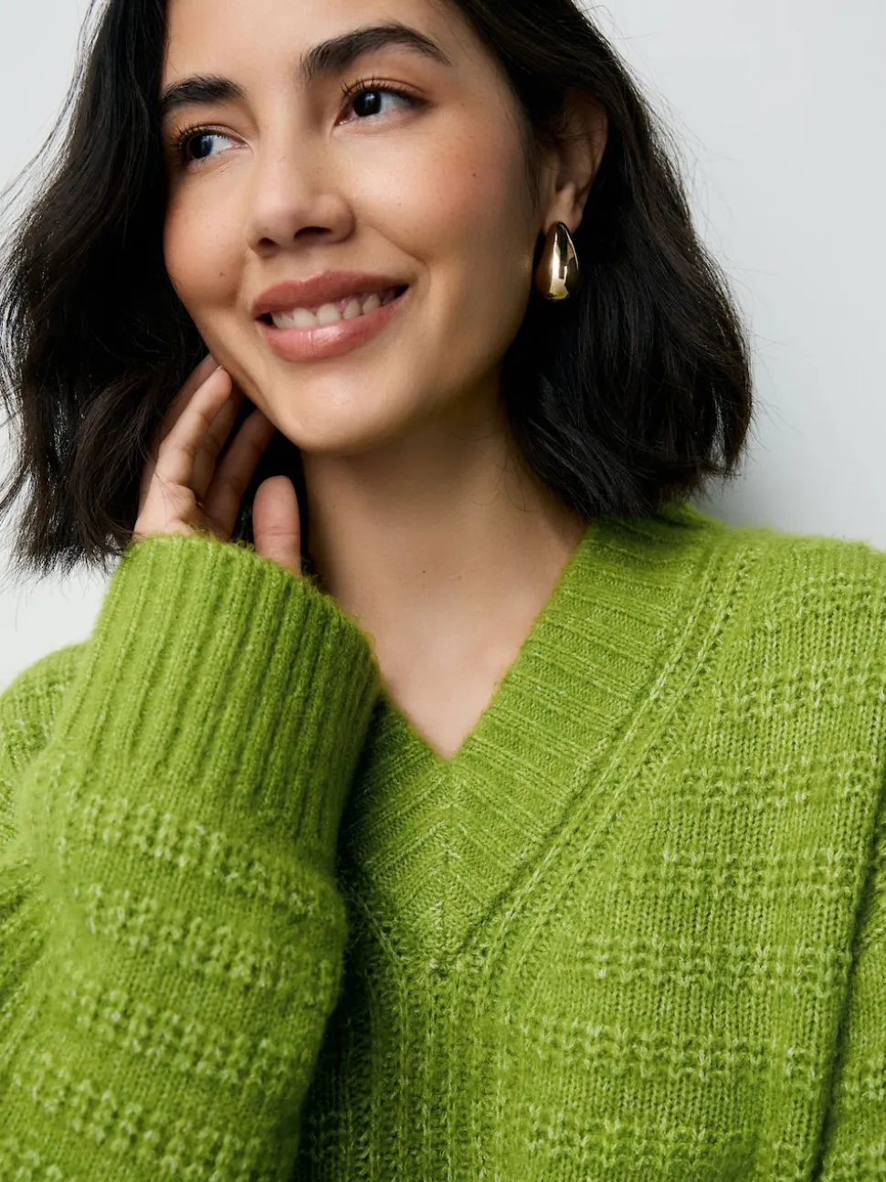 Bright Green Ribbed Longline V-Neck Jumper With Wool
