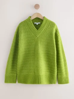 Bright Green Ribbed Longline V-Neck Jumper With Wool