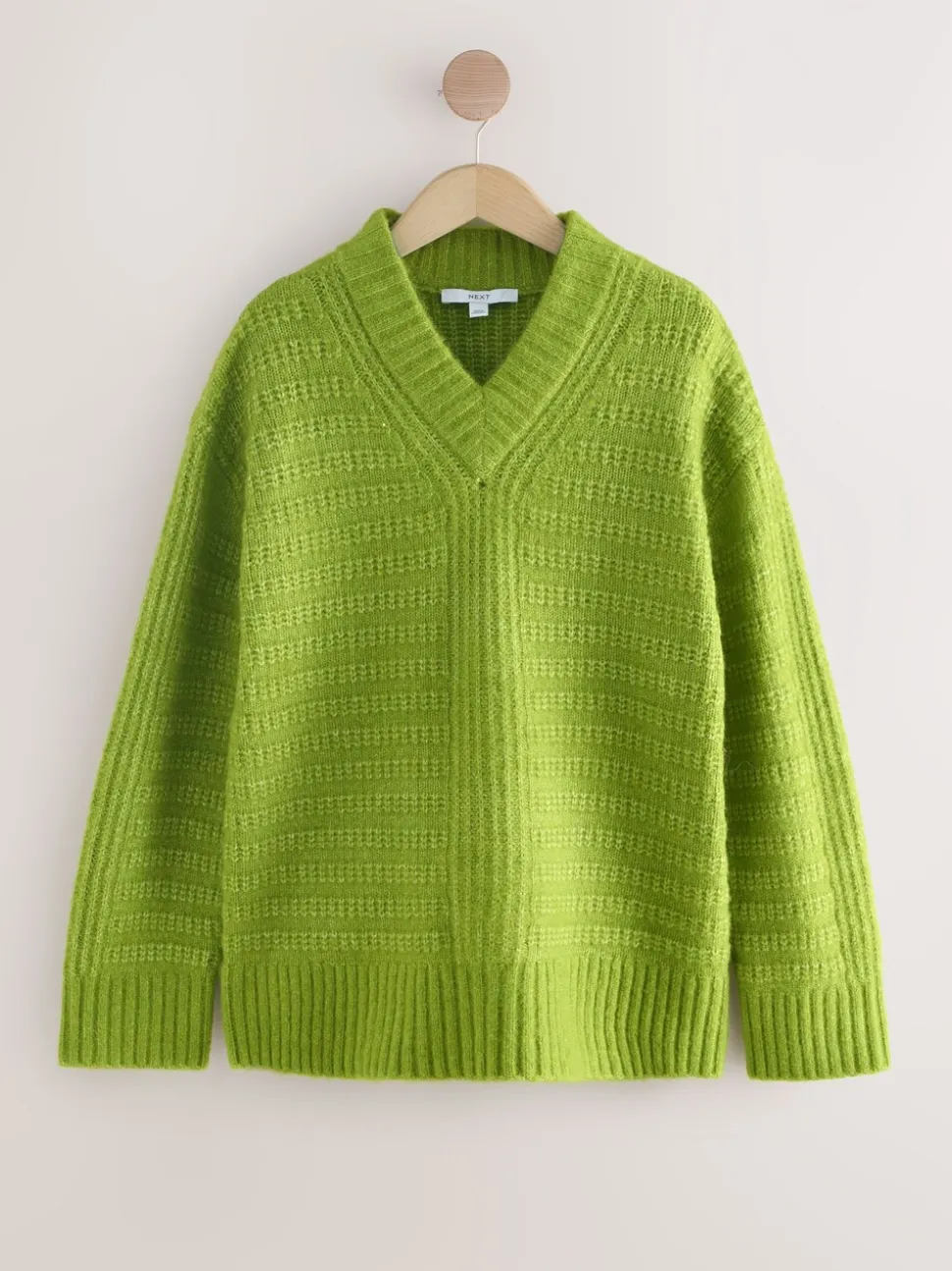 Bright Green Ribbed Longline V-Neck Jumper With Wool